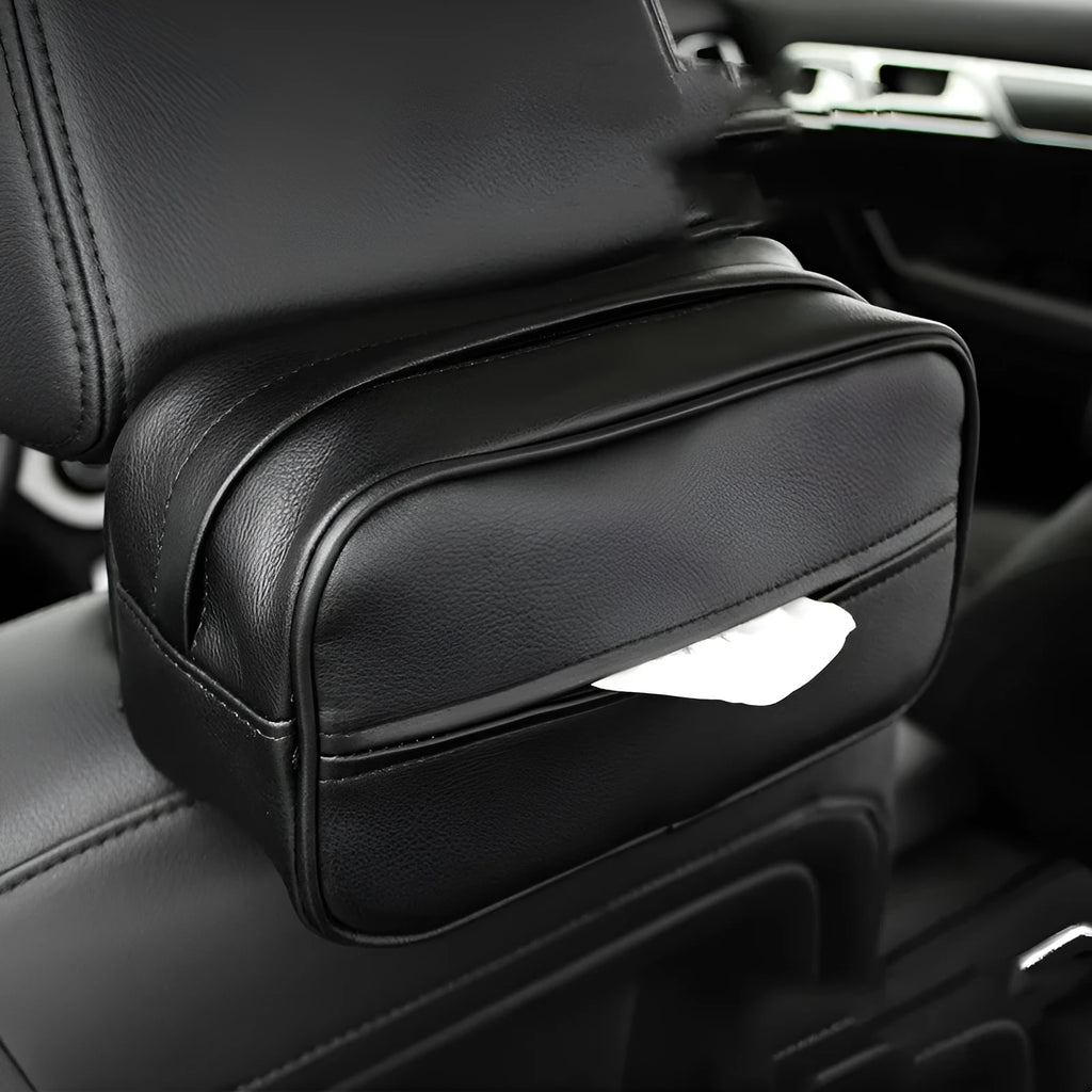 Black PU leather car hanging storage box with zipper and hook, shown next to a measuring tape indicating 23cm length.