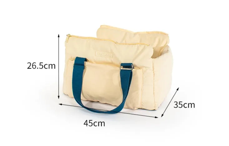 White portable cat bag made from peach skin velvet with cotton belt, size 45x35x26.5 cm, for cats up to 12 kg