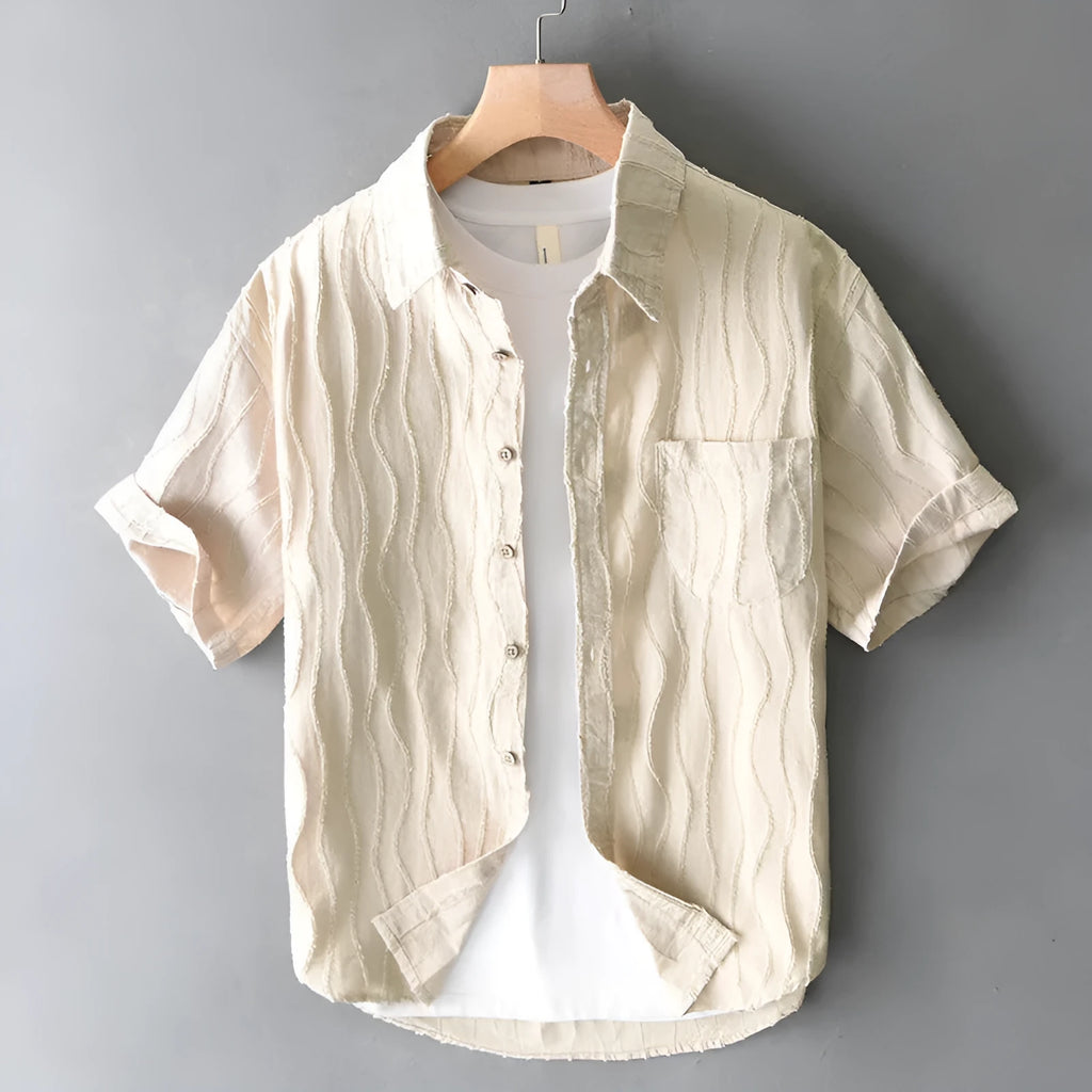 Men's pure cotton casual shirt in apricot colour with Japanese fresh style and short sleeves