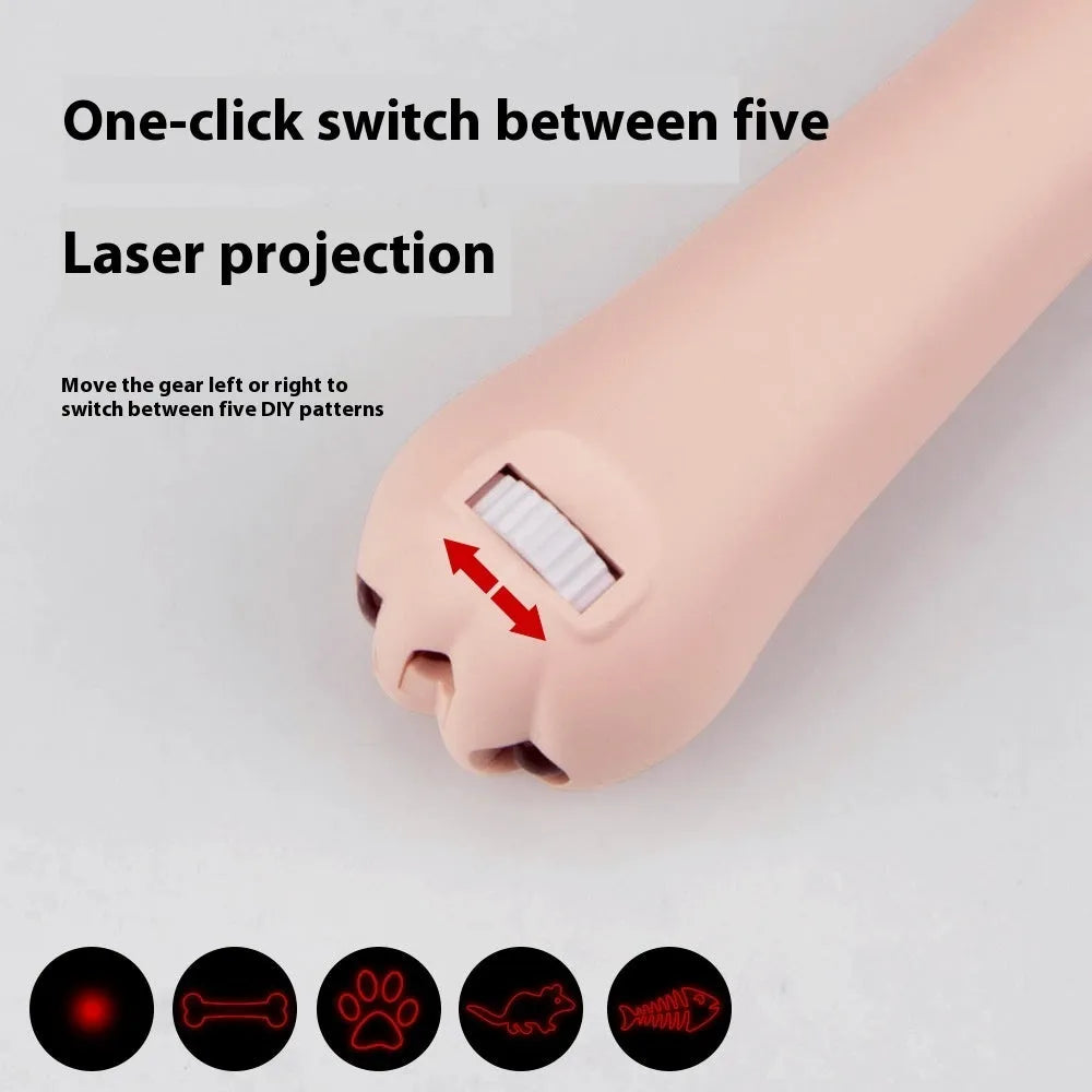 Infrared laser cat teasing wand toy showing multiple pattern projection including mini footprints