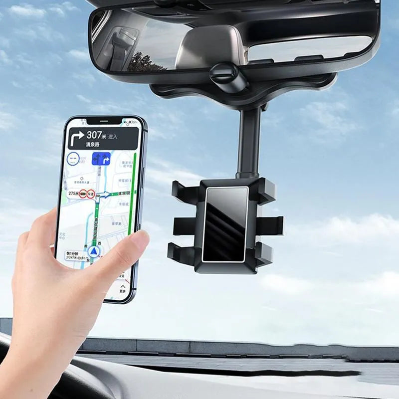 Black rearview mirror car phone holder showing adjustable arm and universal four-claw phone grip.