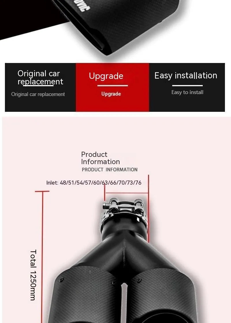 Black carbon fibre car exhaust pipe with double outlet design and 250mm tail nozzle