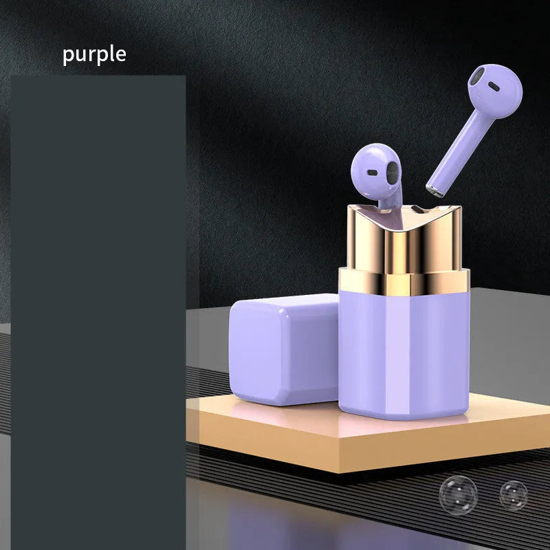 Lipstick-style wireless Bluetooth earphones in charging case, available in black, pink, purple, and white colours.
