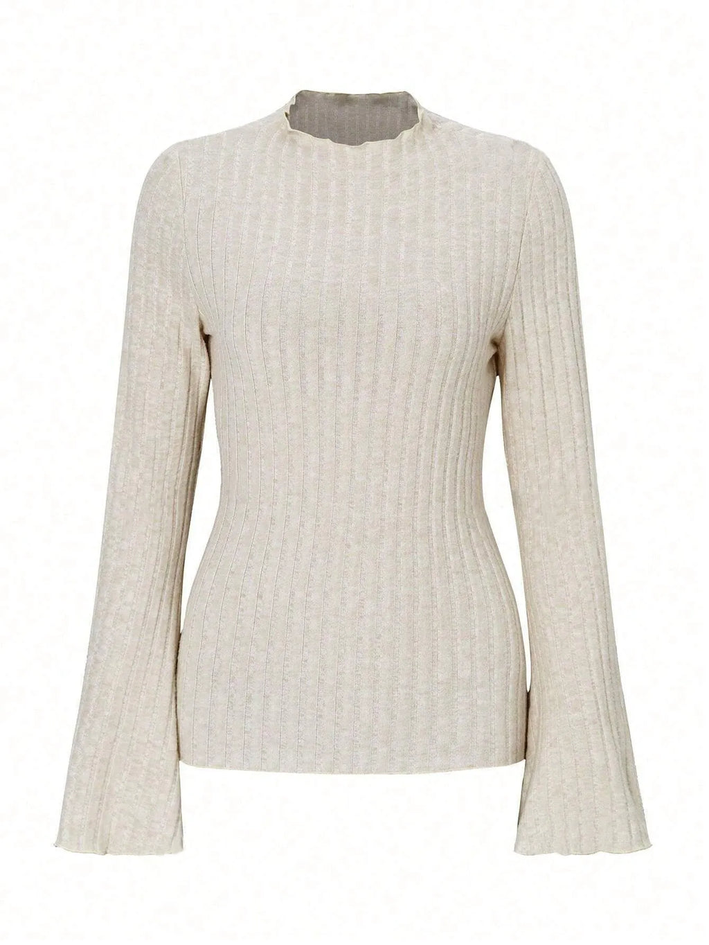 Black long sleeve round neck top with sunken stripe pattern and lantern sleeves