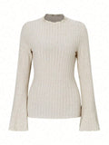 Black long sleeve round neck top with sunken stripe pattern and lantern sleeves