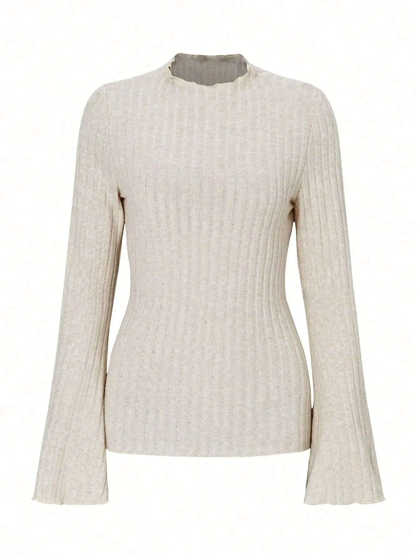 Black long sleeve round neck top with sunken stripe pattern and lantern sleeves