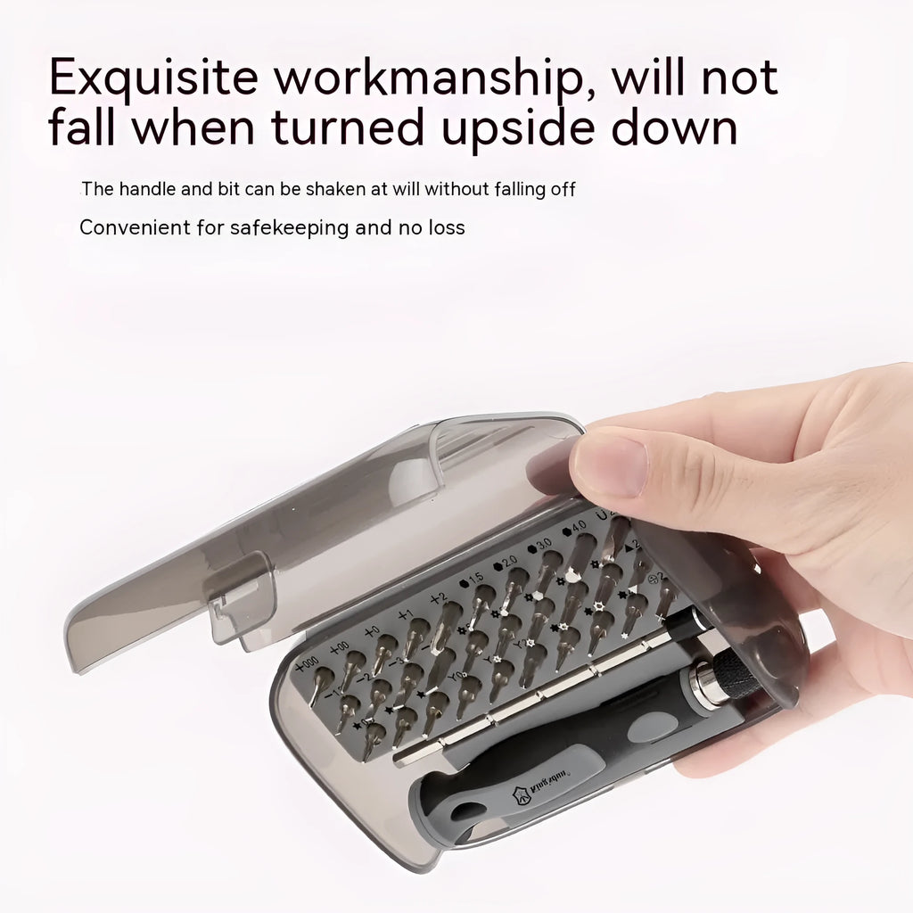 32-in-1 screwdriver set with bits stored in a black plastic case, showing the PP handle and CRV steel bits.