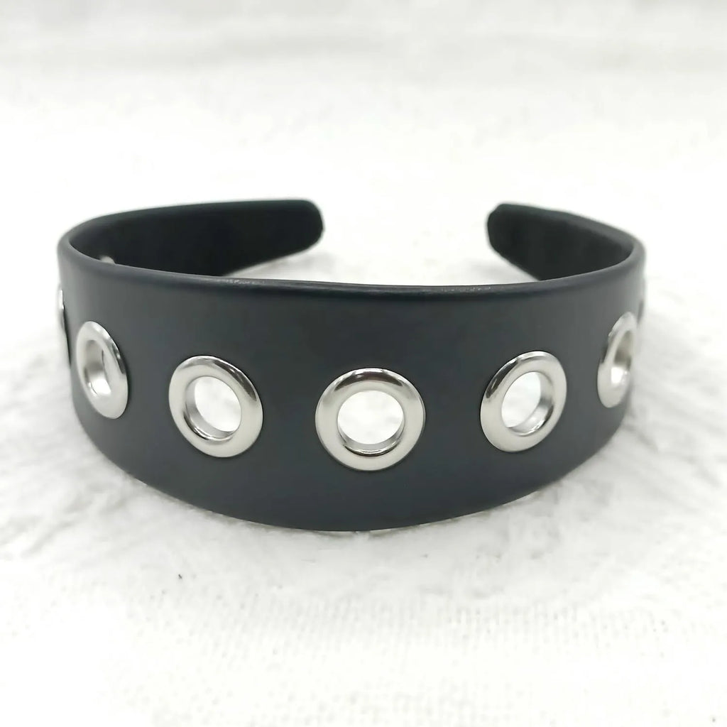 Black artificial leather wide headband with round, square, and dotted rivets for women punk style