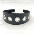Black artificial leather wide headband with round, square, and dotted rivets for women punk style