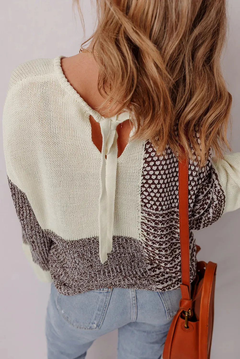 Dark khaki colour block loose sweater with back tie and drop shoulders
