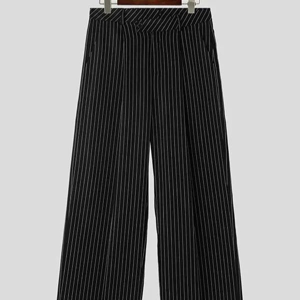 Men's black vertical striped pleated casual trousers with elastic waistband