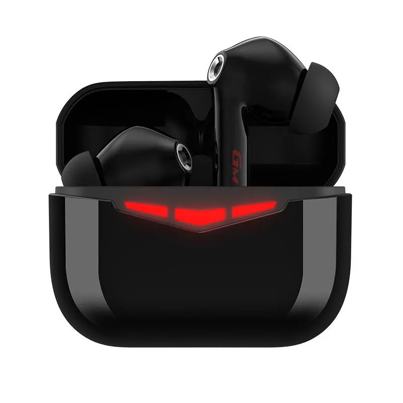 True wireless Bluetooth gaming headset in black with charging case and silicone ear tips.