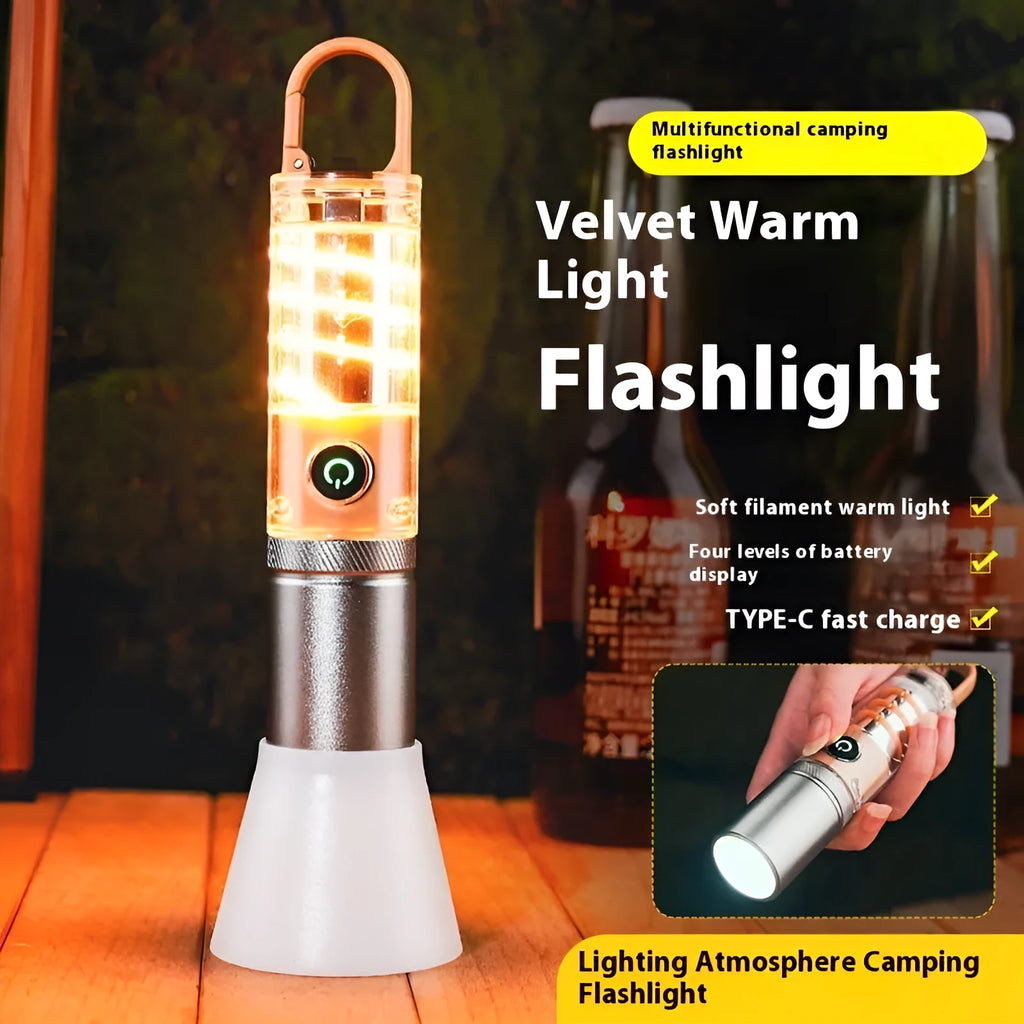 Orange or beige rechargeable flashlight with hook, keychain, and optical zoom on a 10W dual light source.