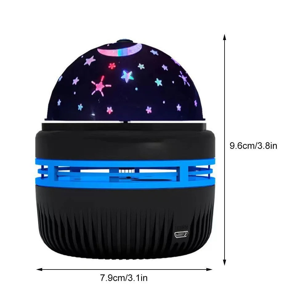 LED galaxy projector lamp with rotating star patterns and USB power cable