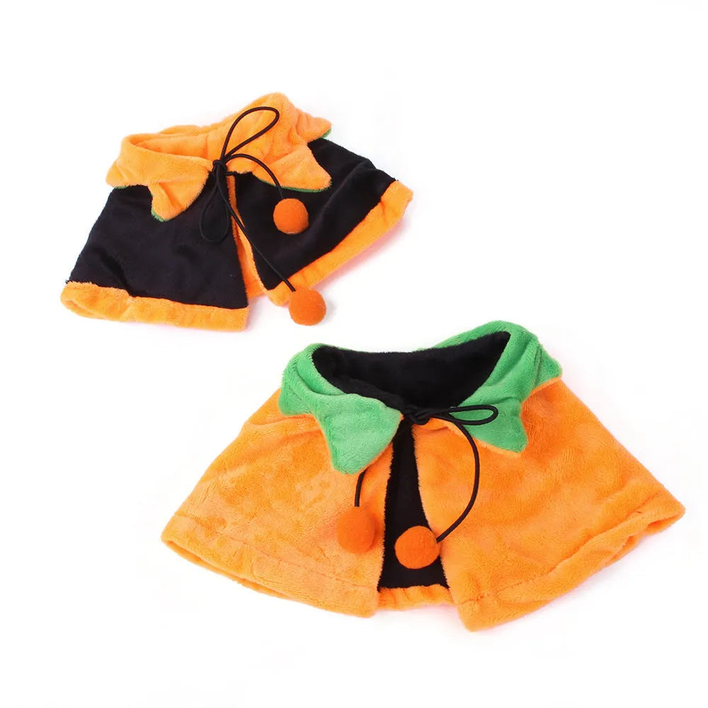 Halloween pumpkin reversible pet cloak with matching hat on dog