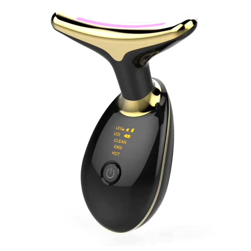 White EMS thermal neck lifting massager device with three-colour LED lights on a grey background.