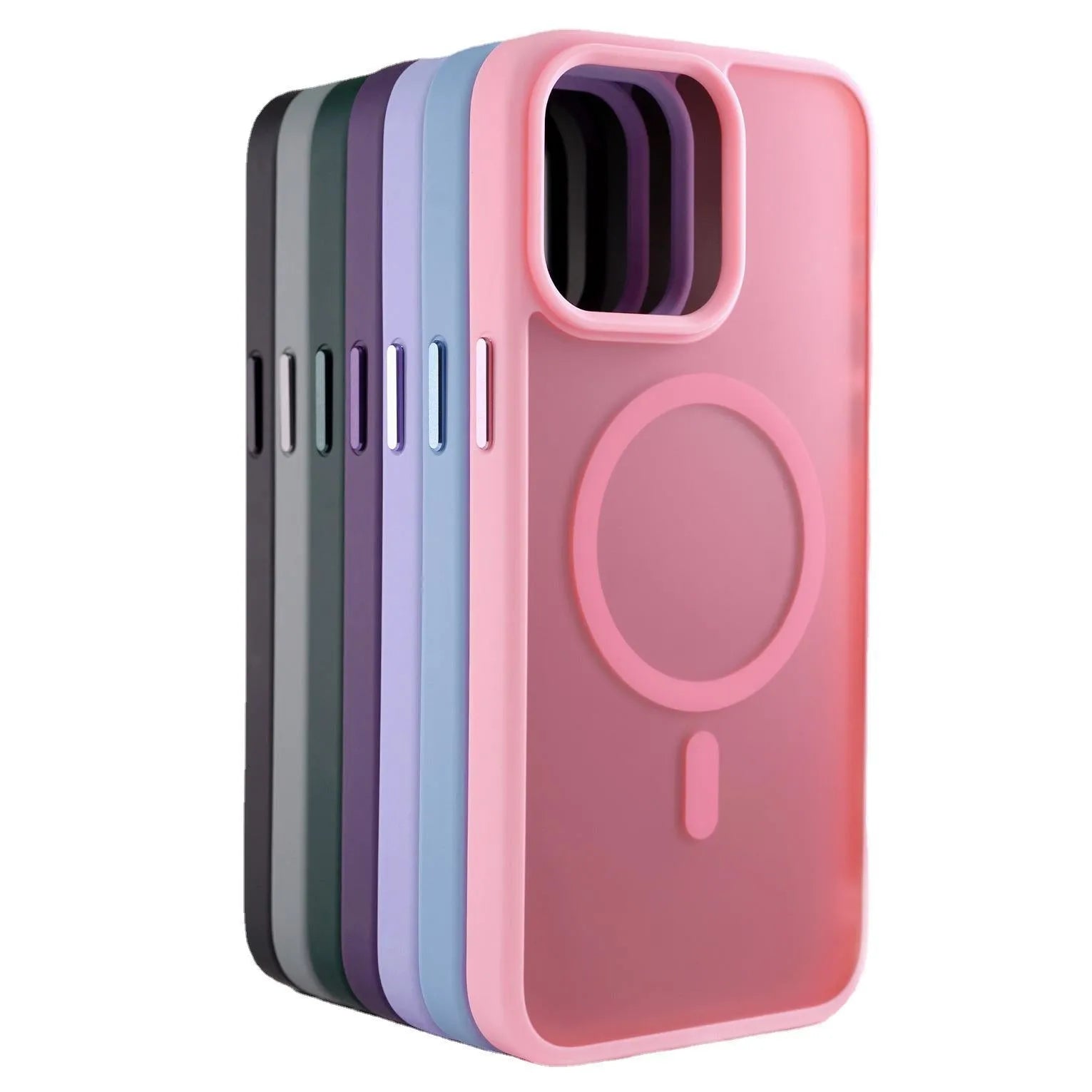 Matte skin-feel magnetic phone case with cherry blossom pink finish for Apple iPhone showing rear camera cutout