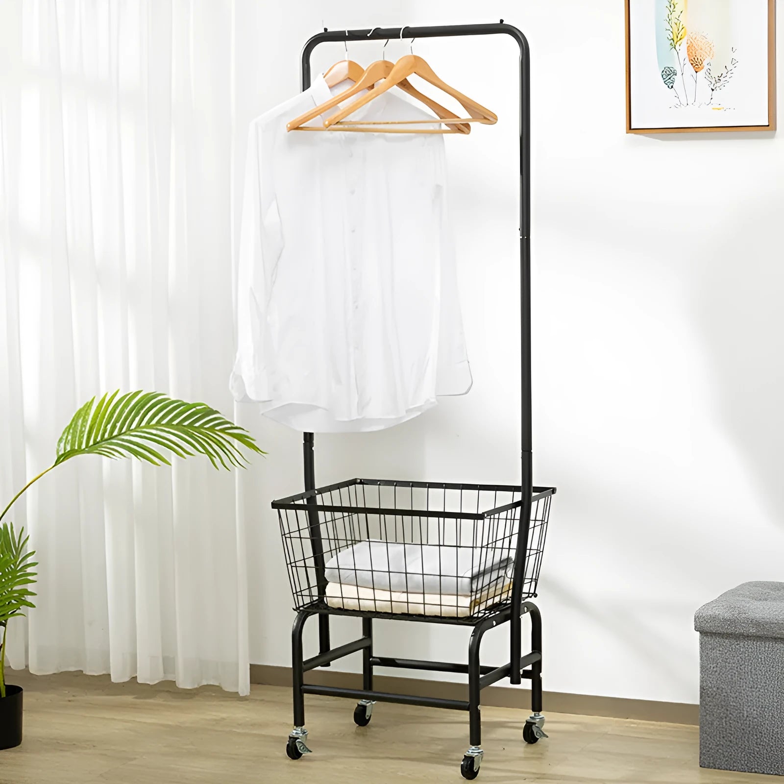 Iron single rod pulley storage car with clothes hanger in white or black colour