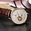 Automatic mechanical men's watch with brown leather strap and stainless steel case showing hollow three-needle dial design