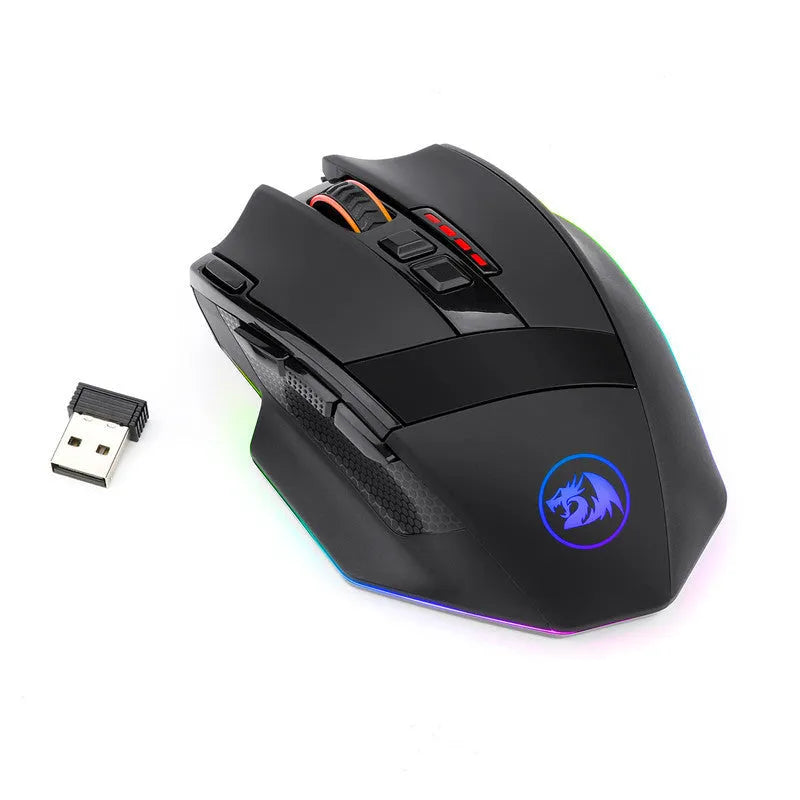 Black Redragon M801P wireless gaming mouse showing nine buttons and dual-mode connectivity options