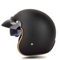Retro-style black and orange open-face motorcycle half helmet for adults on a white background.