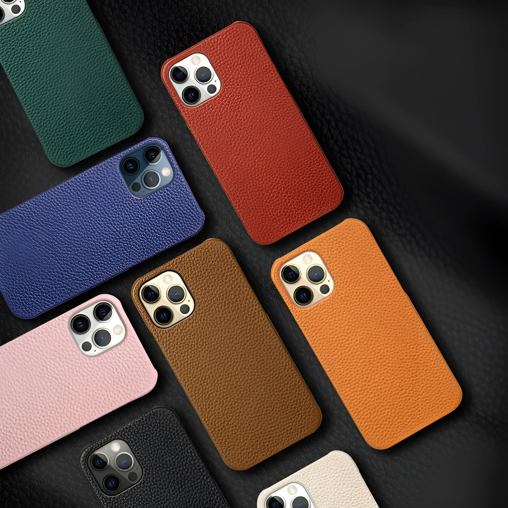 Genuine leather protective iPhone case in a simple style with half line breaks, shown in one of nine available colours.