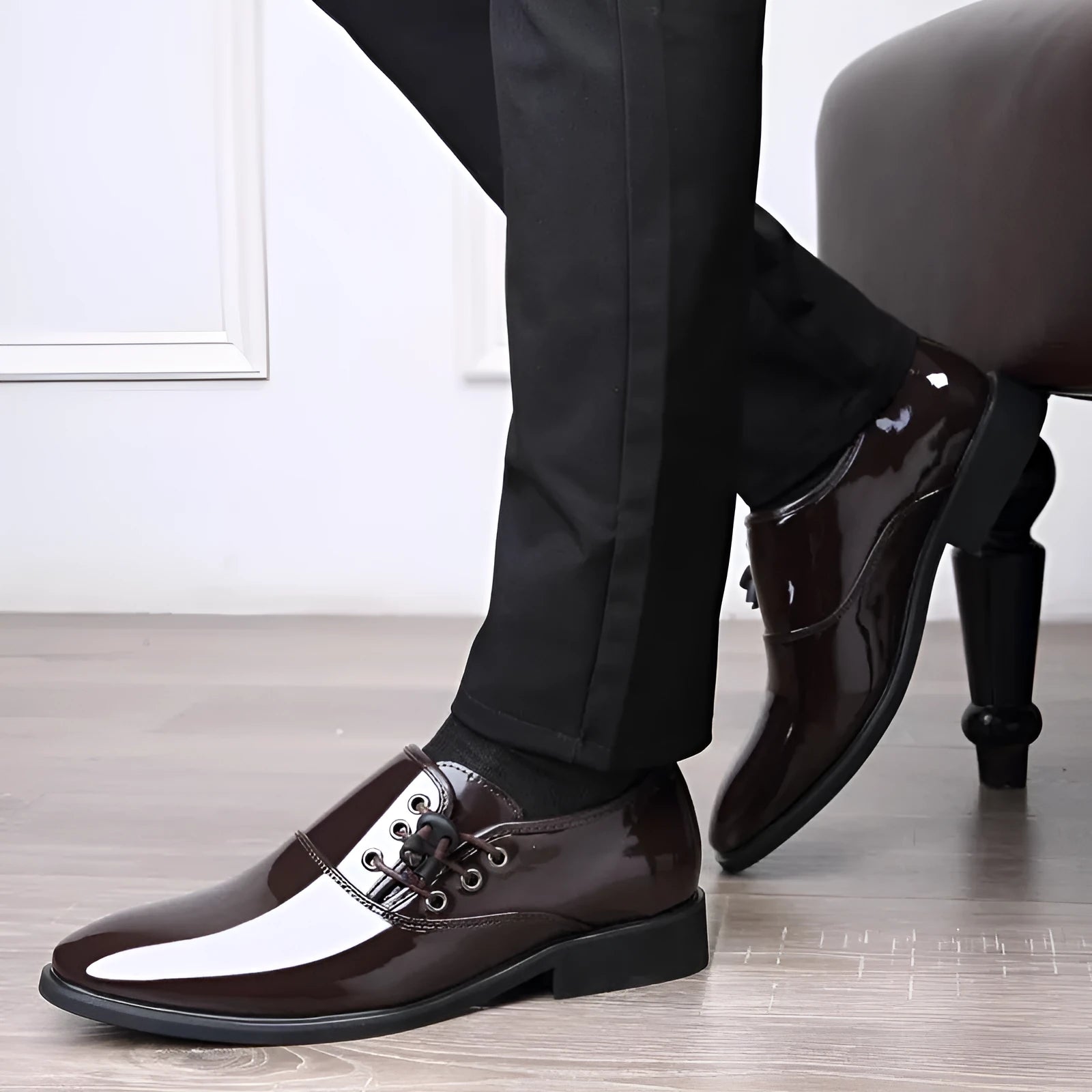 Men's black business formal shoes with square heel and round toe design on artificial PU upper