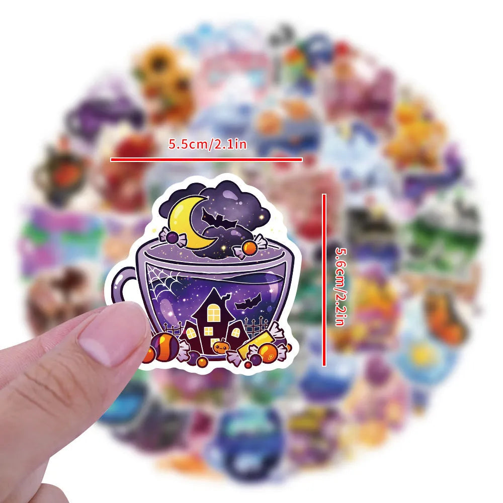 Waterproof vinyl stickers with colourful tea cup graffiti design in Nordic style, 50-piece pack