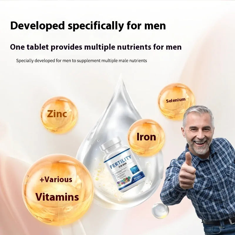 One bottle of 60 male fertility tablets, a dietary supplement with a vitamin mineral amino acid complex.