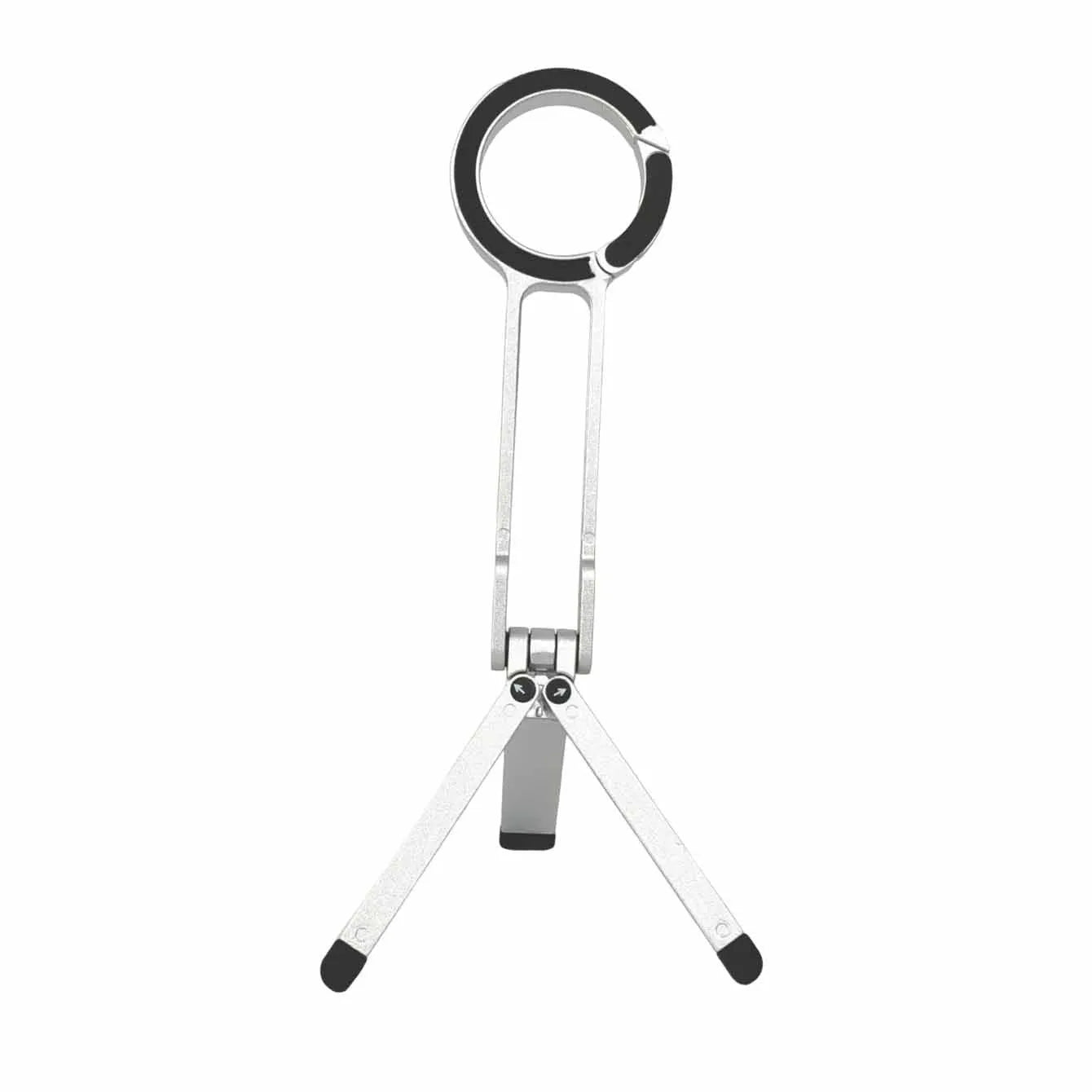 Portable photography climbing button carabiner mobile phone holder in black, aluminium alloy and silicone, compact storage 26x11.5x158mm