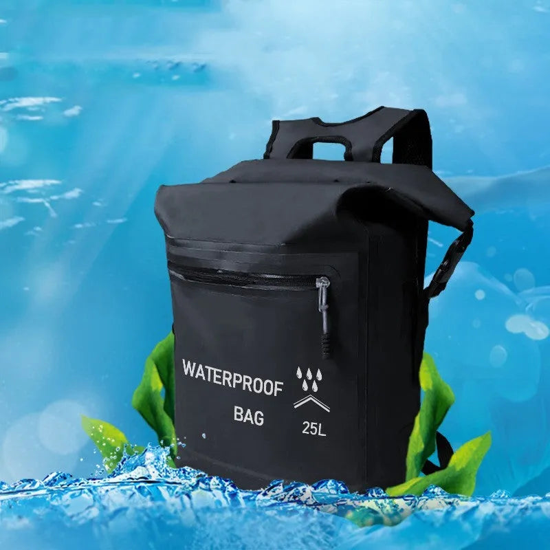 Black 25-litre waterproof outdoor backpack with mesh clips for rafting and swimming.