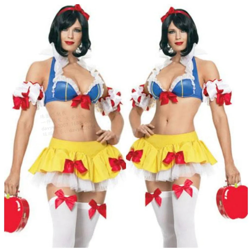 Snow White anime cosplay costume set with headdress, top, short skirt, and sleeves on a hanger.