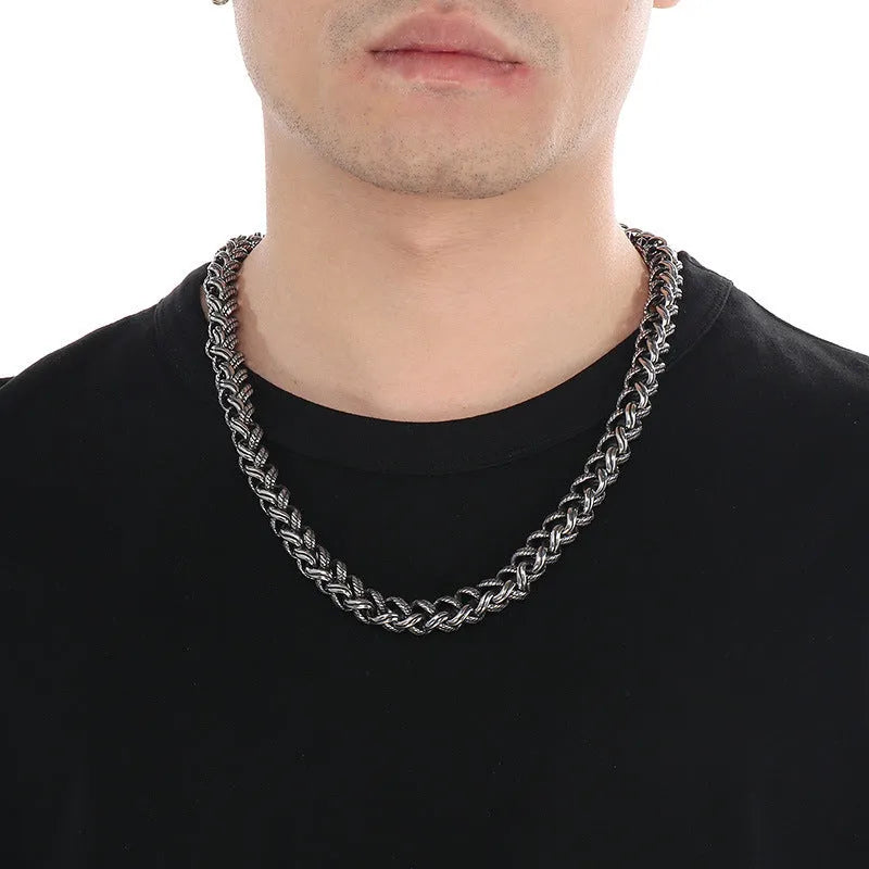 Men's antique silver keel chain necklace with large hemp flowers geometric design