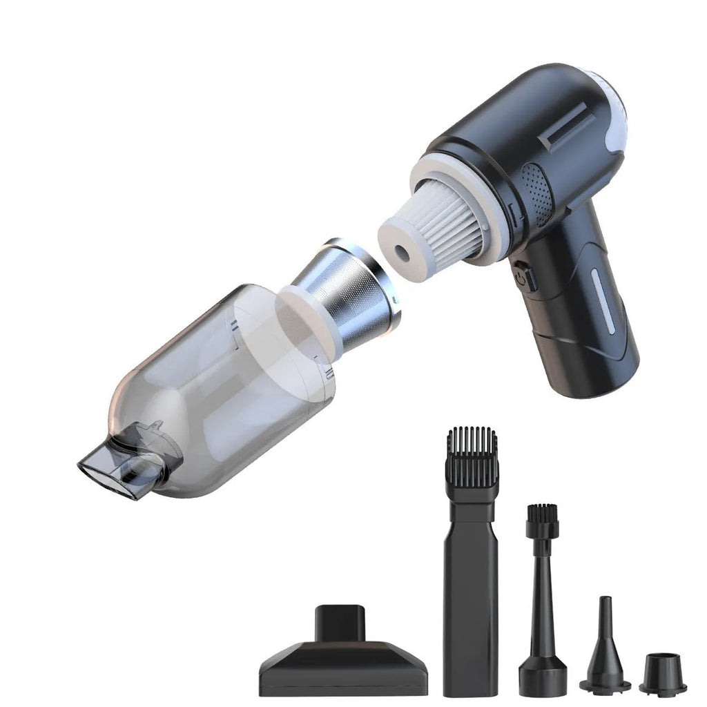 Handheld wireless pet vacuum cleaner with attachments for removing cat and dog hair.