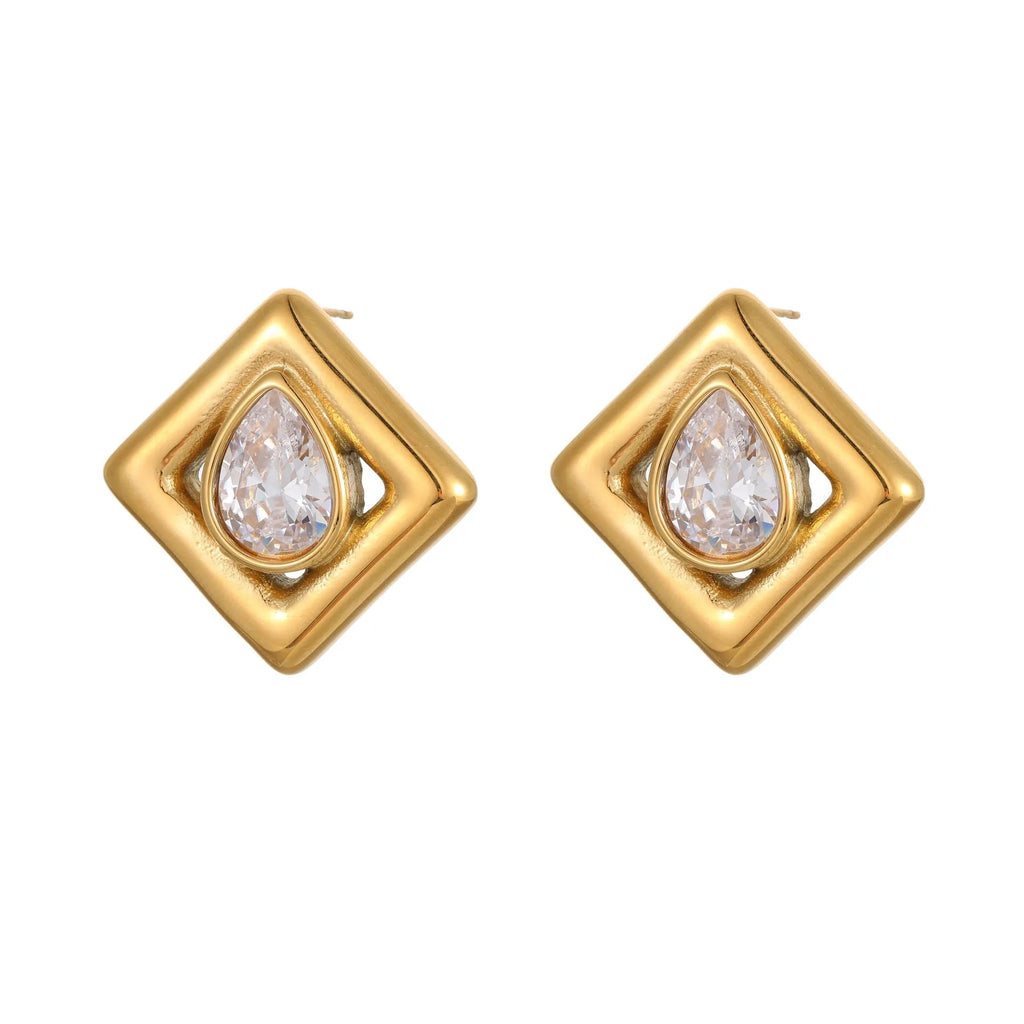 Geometric water drop shaped stud earrings with inlaid zircon stone and gold colour finish