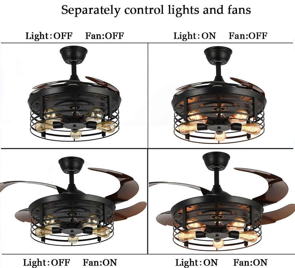 American retro ceiling fan lamp with invisible acrylic blades and integrated light fixture
