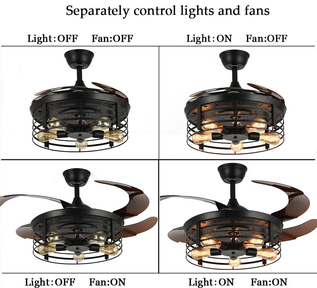 American retro ceiling fan lamp with invisible acrylic blades and integrated light fixture