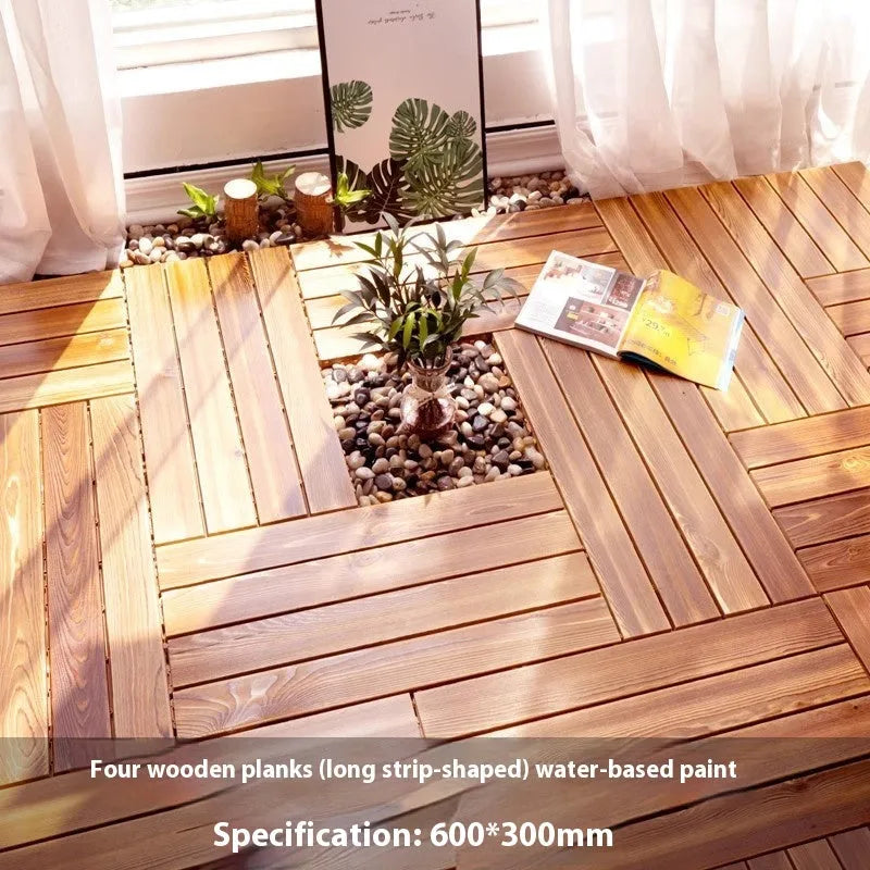 Interlocking camphor pine wooden flooring tile measuring 30x30cm with a brushed surface.