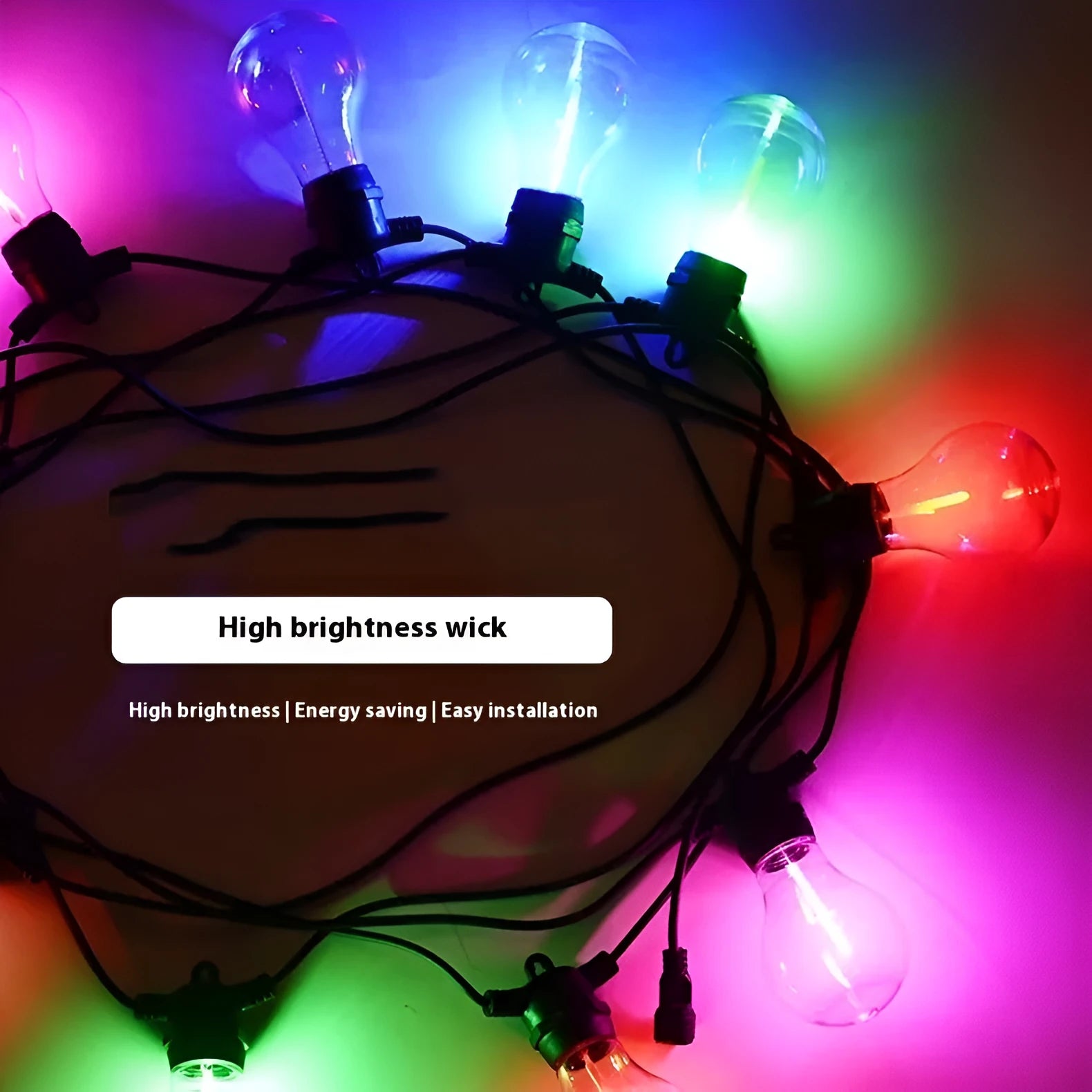 Waterproof 5m outdoor decorative string lights with 10 A60 transparent meteor bulbs in garden setting