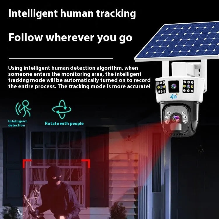 Solar-powered outdoor surveillance camera with integrated solar panel and wireless design