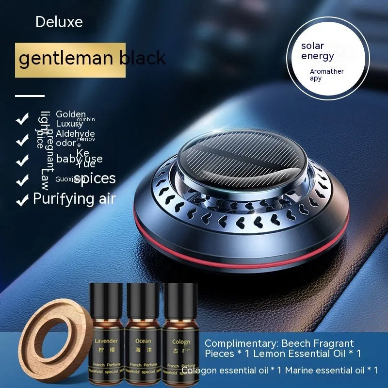 Solar-powered car air freshener with aluminium alloy housing in black colour option