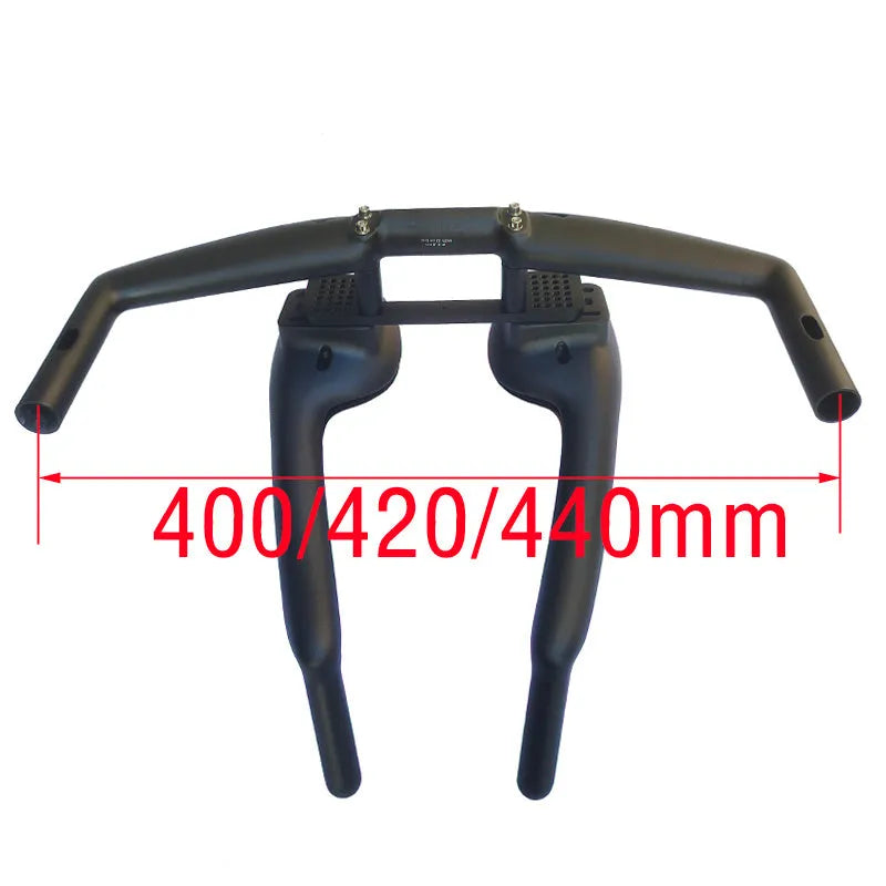 Black carbon fibre time trial bicycle handlebar with aerobar extensions, shown from the side.