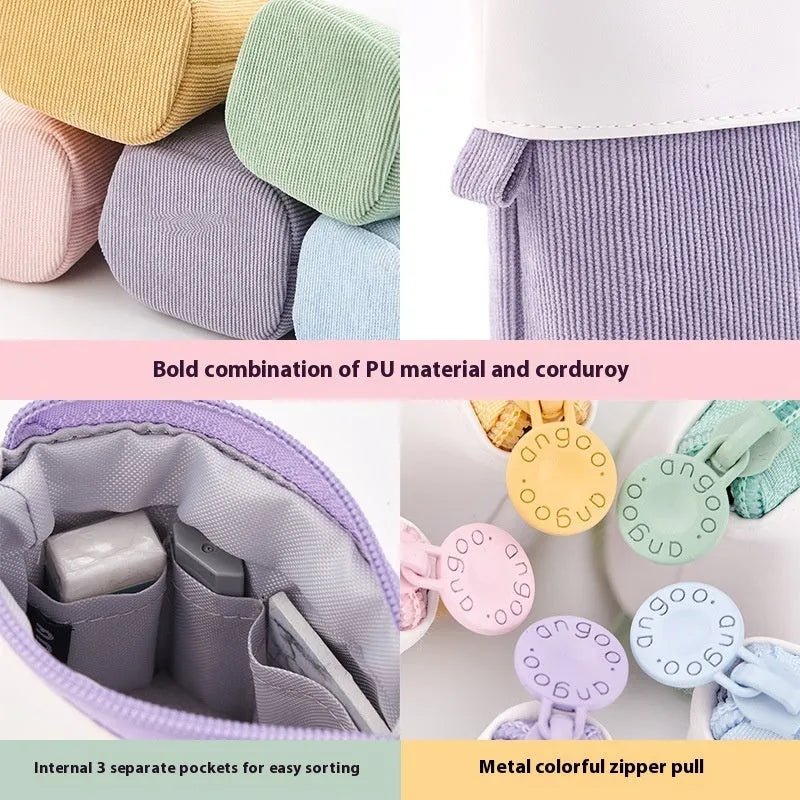 Korean style drop-down telescopic stationery case in cotton and linen with PU corduroy exterior