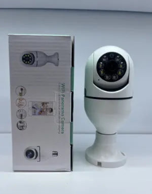 Wireless WiFi bulb security camera showing compact 5cm diameter design with plastic and metal housing
