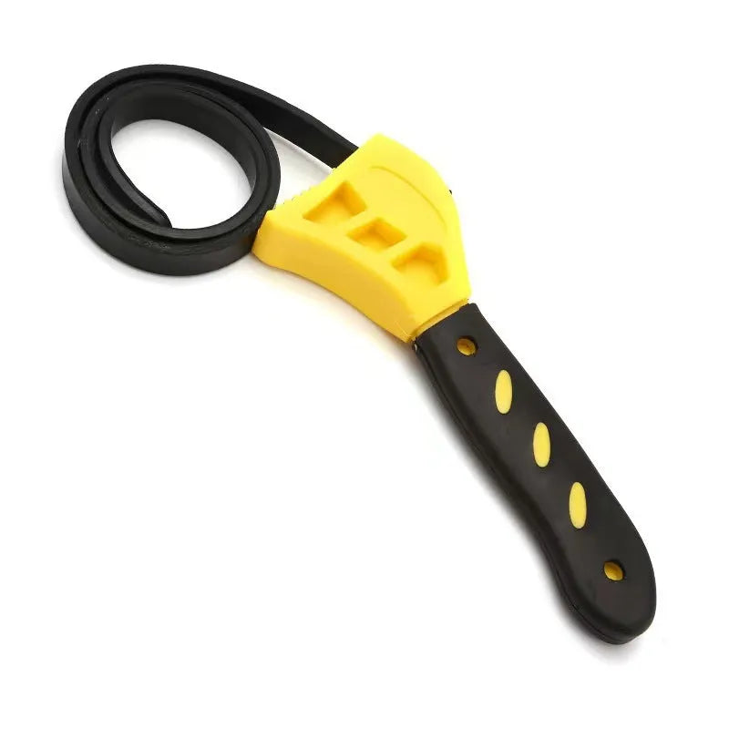 A 6-inch and an 8-inch adjustable rubber strap wrench with steel handles, laid side by side.