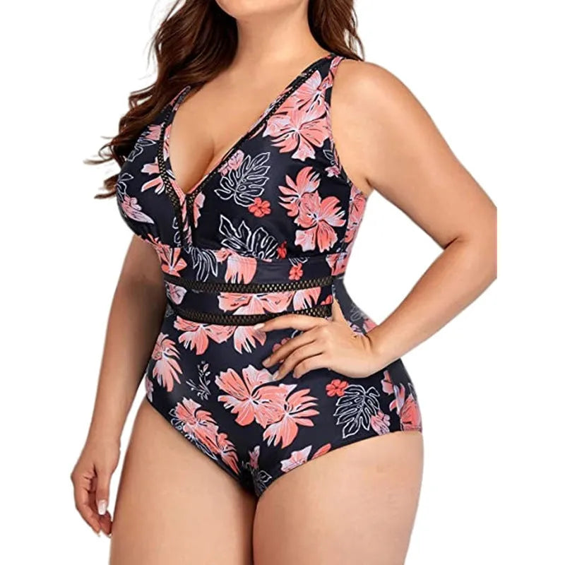 Women's plus size black polyester bikini swimsuit with printing pattern and stitching details