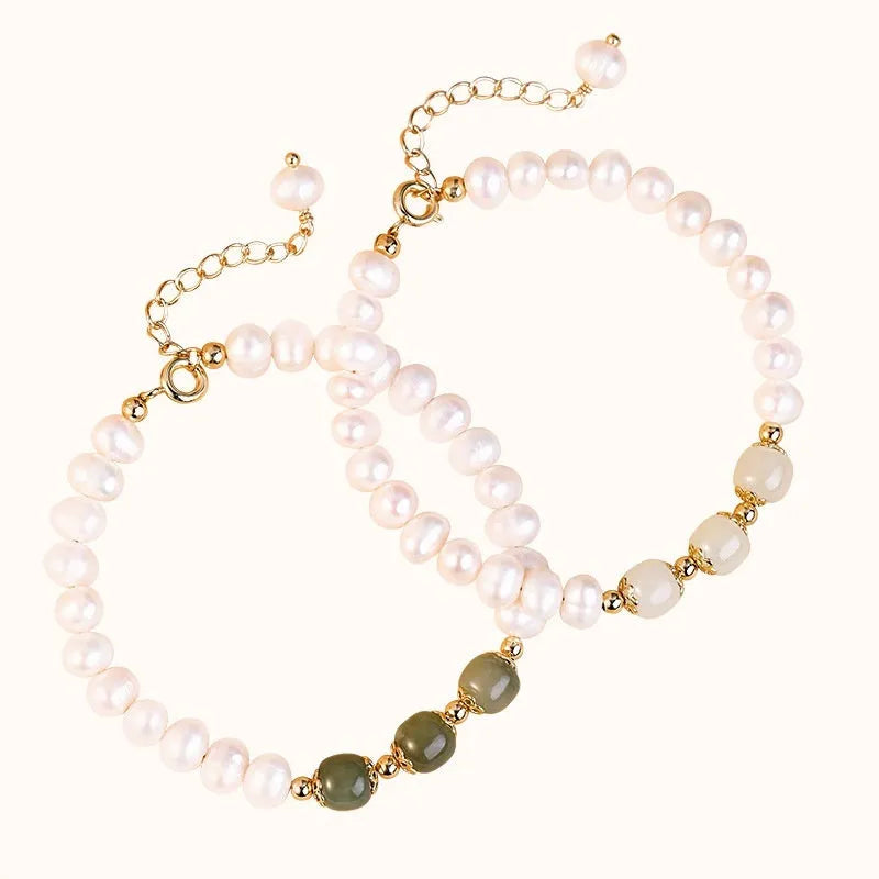 Natural freshwater pearl bracelet with diamond-shaped beads in Korean style, shown in deep Hetian jade colour.