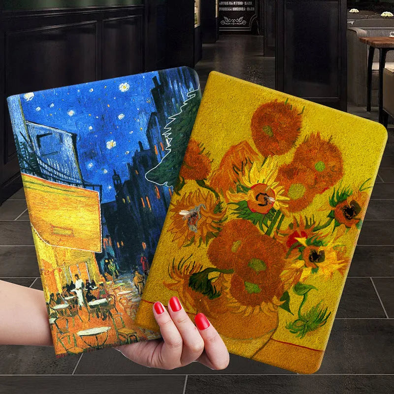 Liquid silicone flip cover case for iPad on a table, showing floral design and closed flap.