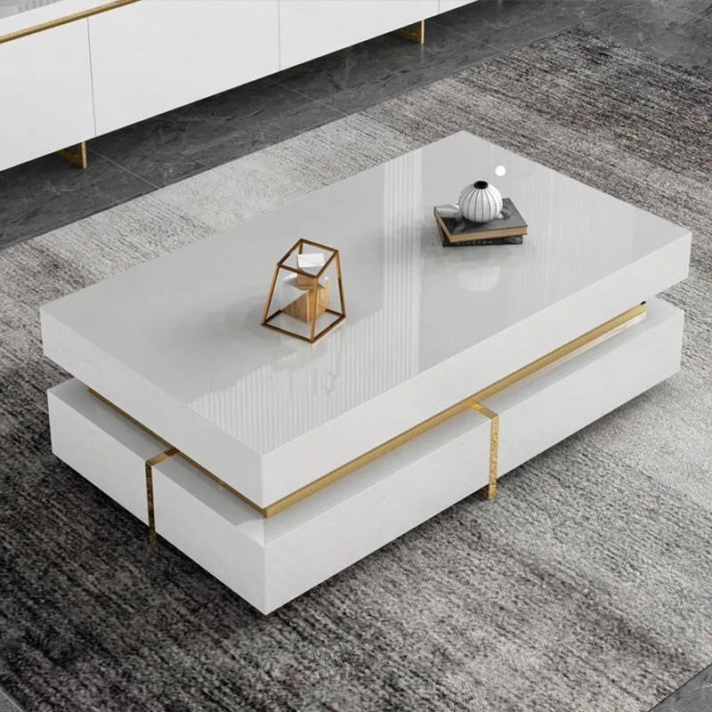 Modern minimalist tempered glass TV cabinet and coffee table set with baking paint finish in a living room