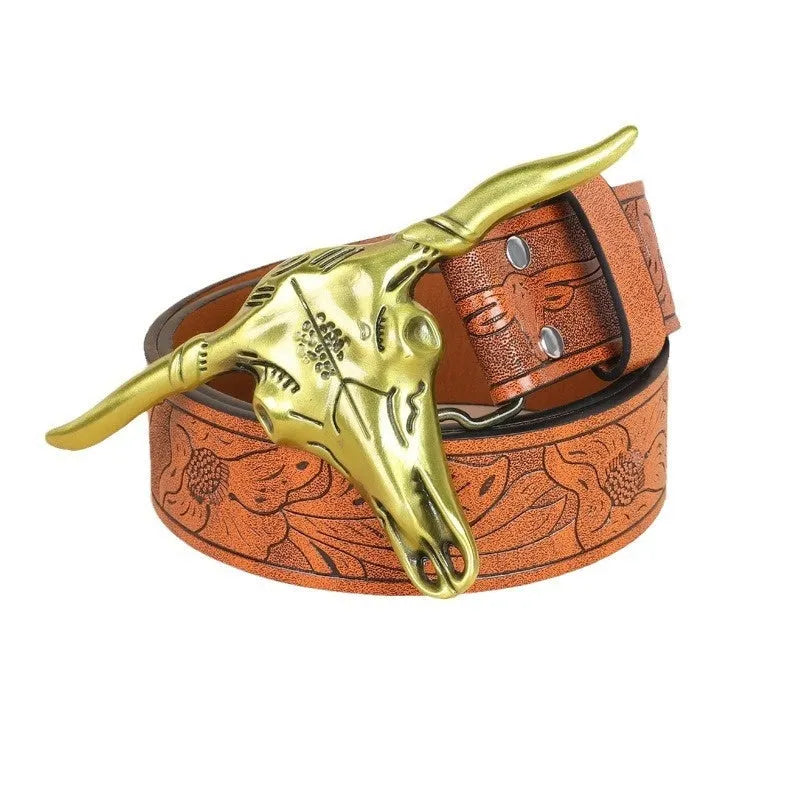 Men's brown imitation leather belt with decorative alloy cow head buckle and pin fastening